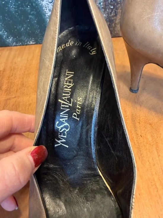 Yves Saint Laurent Vintage 90s Quiet Luxury Leather Peep Toe Heels Taupe/Tan - Picture 10 of 17